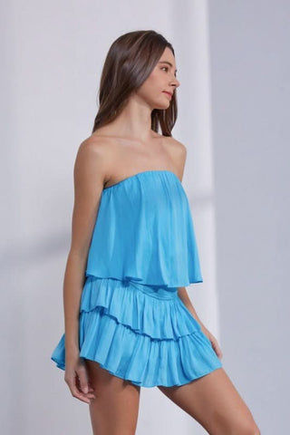 Monaco Blue Atoll Strapless Ruffle Romper Side View | Boho Pink