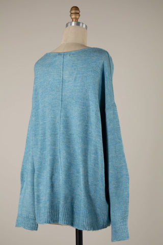 Blue oversized V-neck knit pullover sweater back view