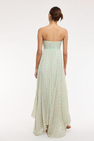 Back view of light green floral strapless maxi dress