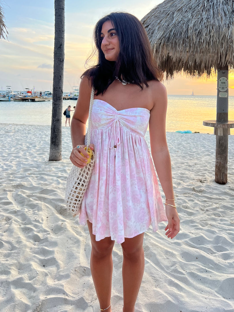 Light Pink Floral Strapless Babydoll Mini Dress - Front View