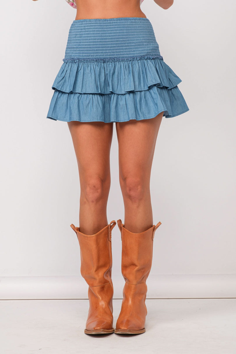 Light Denim Ruffle Mini Skirt