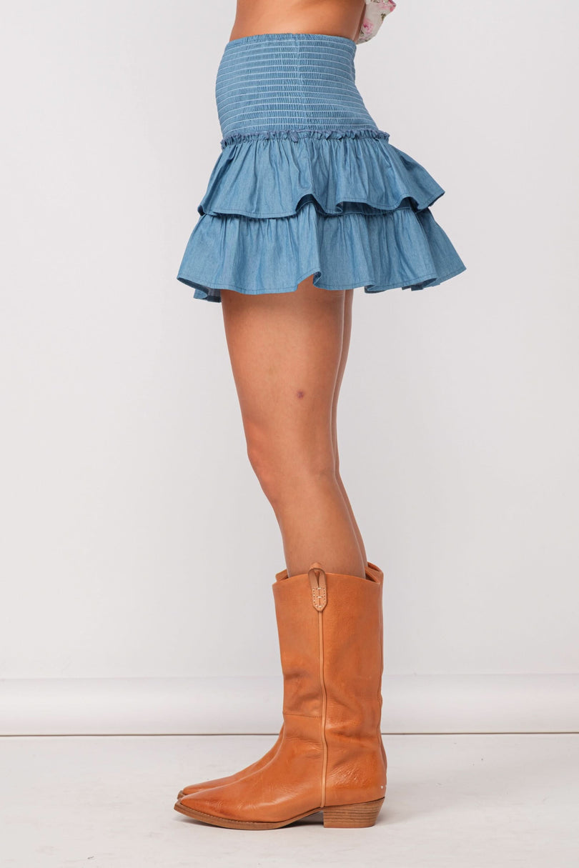 Light Denim Smocked Waist Ruffle Skirt