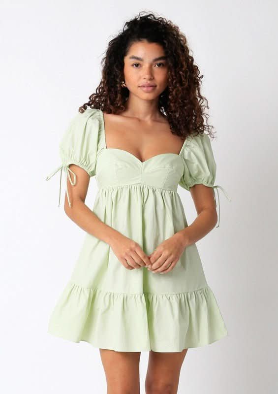 Olivaceous Jessie Light Green Babydoll Mini Dress - Size M - Sweetheart Neckline, Puffy Sleeves, Ruffle Hem - 100% Cotton Olivaceous Jessie Light Green Babydoll Mini Dress - Size M - Sweetheart Neckline, Puffy Sleeves, Ruffle Hem - 100% Cotton