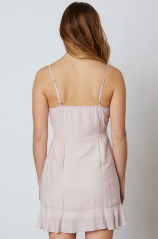 Lilac cami mini dress back view with adjustable straps