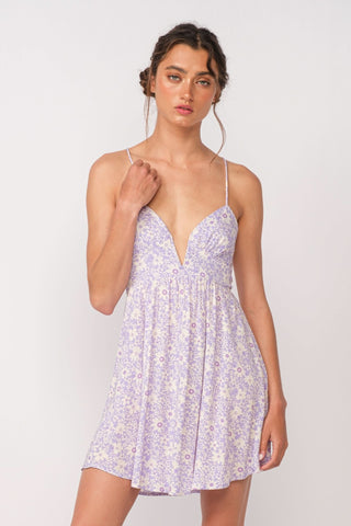 Lucia purple floral corset cami mini dress with plunging neckline and flared skirt
