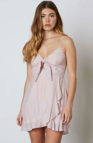 Lilac tie front mini dress with cami straps and ruffle skirt