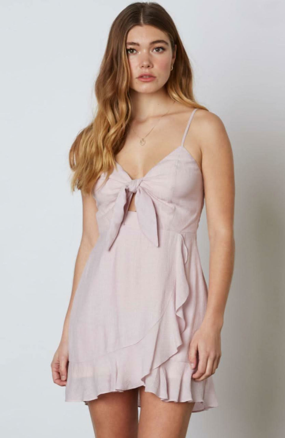 Lilac tie front mini dress with cami straps and ruffle skirt