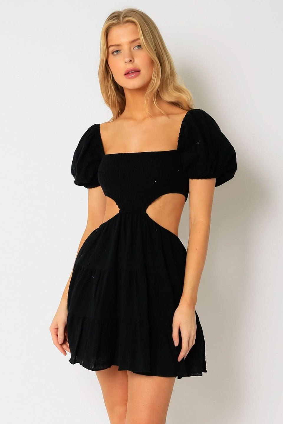 Lindsey Black Cutout Puff Sleeve Mini Dress - Olivaceous - Size M - Lightweight Cotton with A-Line Tiered Skirt Lindsey Black Cutout Puff Sleeve Mini Dress - Olivaceous - Size M - Lightweight Cotton with A-Line Tiered Skirt