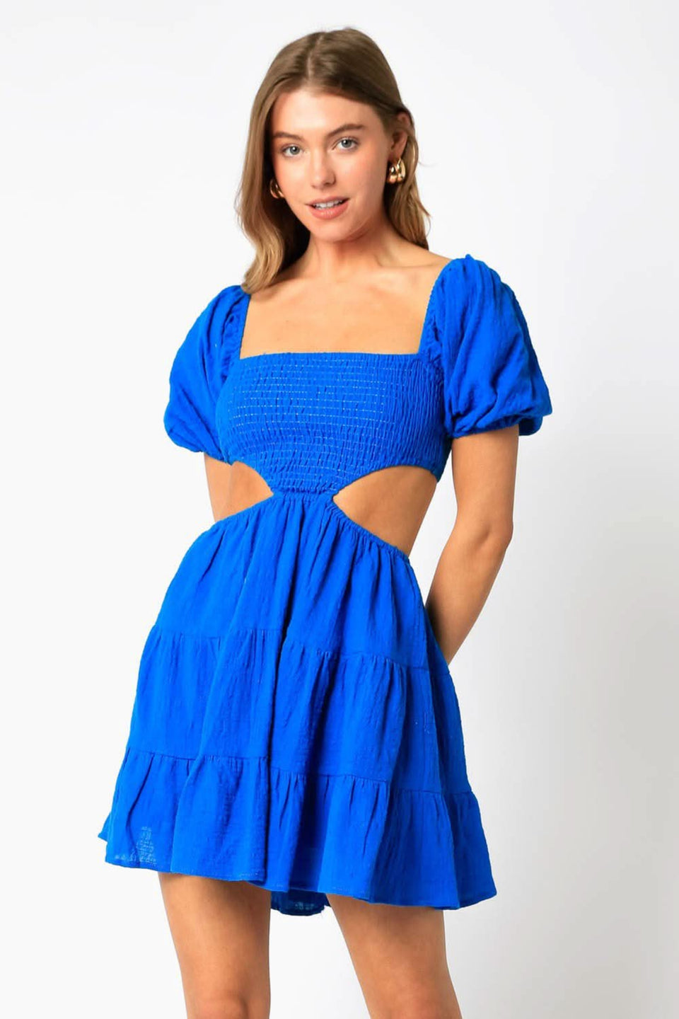 Blue Cutout Puff Sleeve Mini Dress – Open Back Cotton A-Line Summer Dress