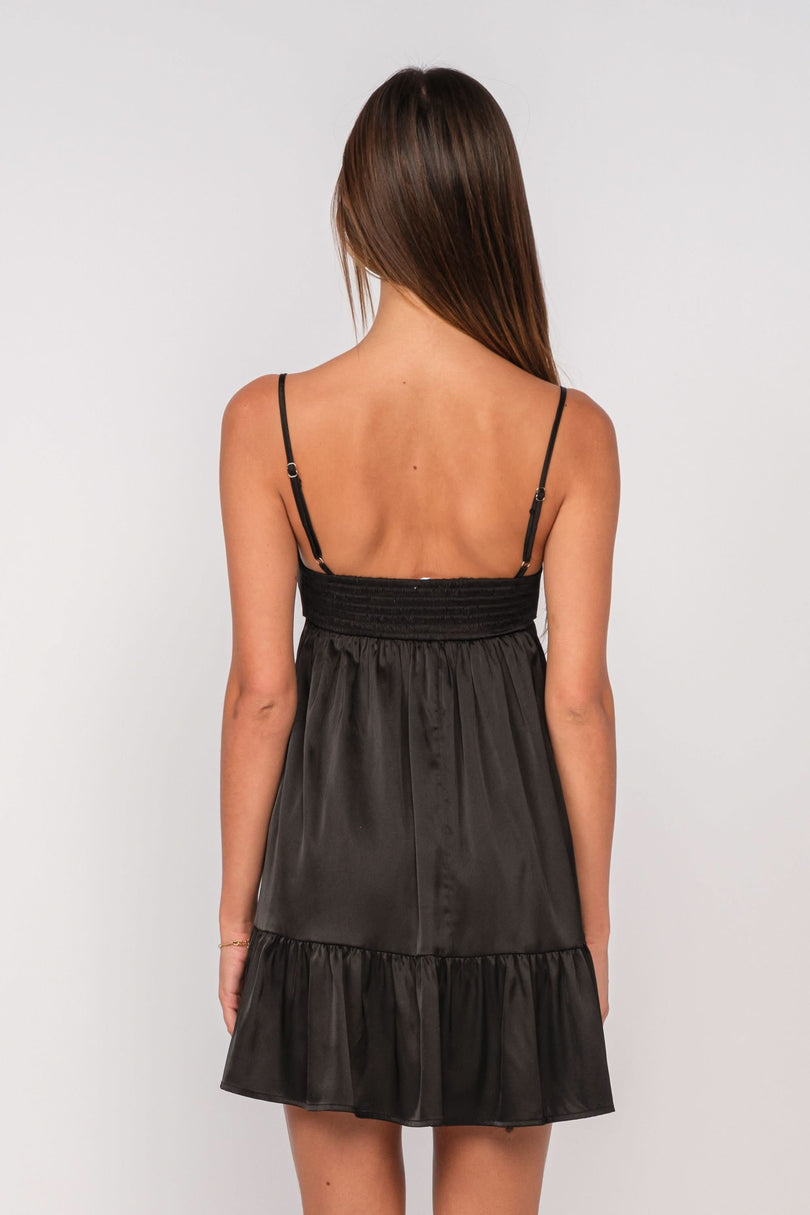 Black Satin Bustier Tiered Babydoll Mini Dress