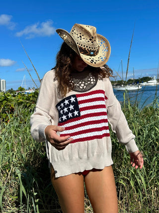 Land of Free Beige Oversized American Flag Sweater - Coastal Cowgirl - Front View
