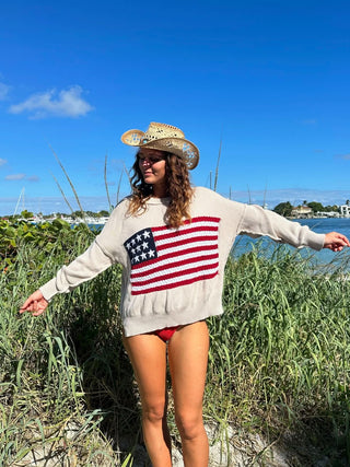 Land of Free Beige Oversized American Flag Sweater - Styled Over a Bikini