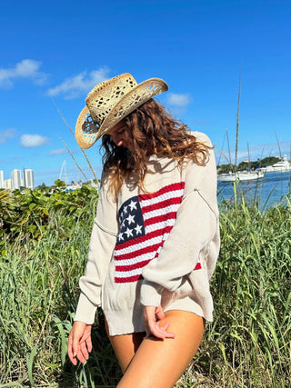 Land of Free Beige Oversized American Flag Sweater - Detailed View