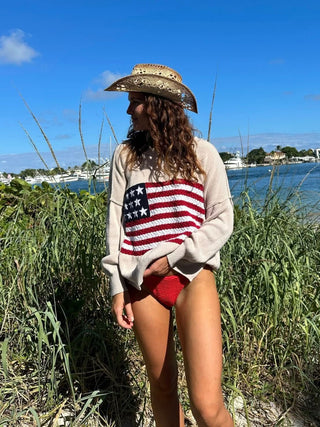 Land of Free Beige Oversized American Flag Sweater - Front View USA Graphic Knit 