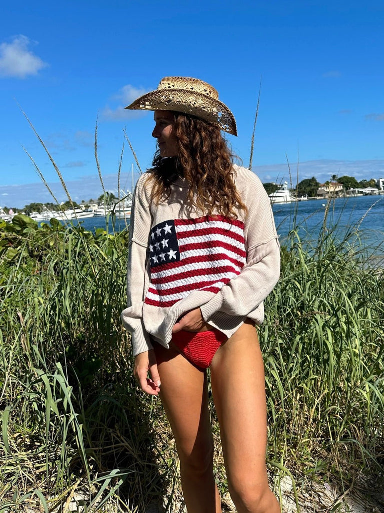 Beige Crochet Flag Sweater