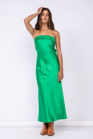 Irene Green Satin Strapless Cowl Back Maxi Dress with an overflap neckline - Front