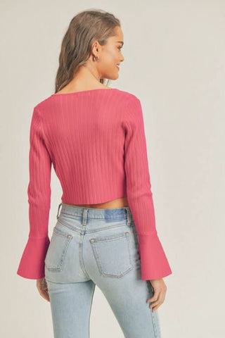 LUSH So Many Reasons Pink Tie-Front Long Sleeve Crop Top - Back View