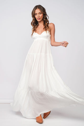 White satin tiered maxi graduation dress with corset bodice