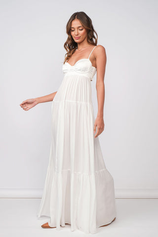 White satin graduation maxi dress with strapless corset bodice
