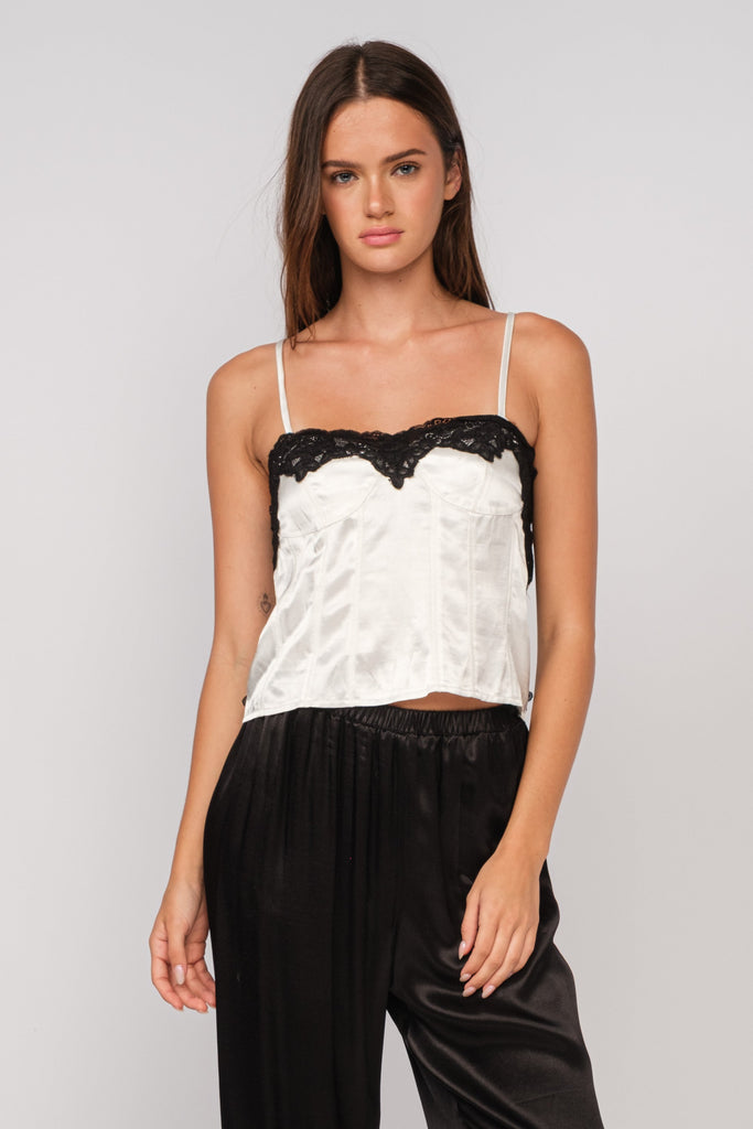 White Satin Lace Trim Crop Top