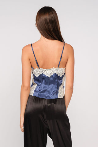 Back view of the Lucy navy satin crop top with delicate lace detailing