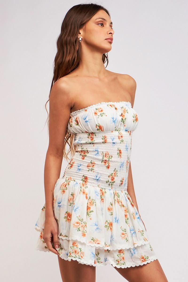 White Ribbon Floral Mini Dress