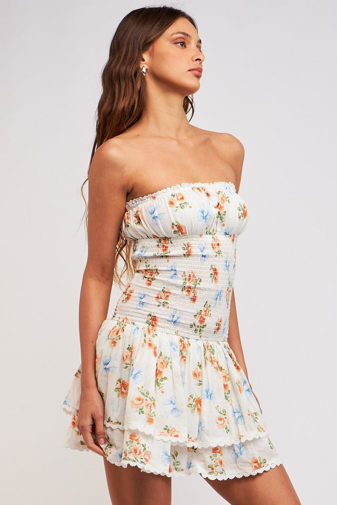 White Ribbon Floral Mini Dress