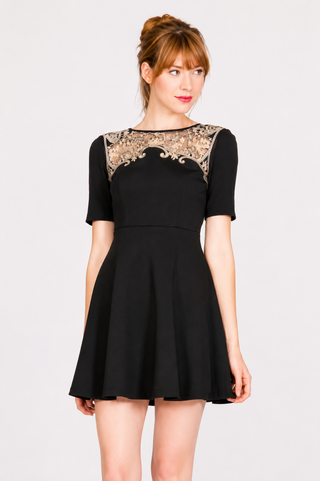 Maggie Black Crochet Trim Skater Dress front