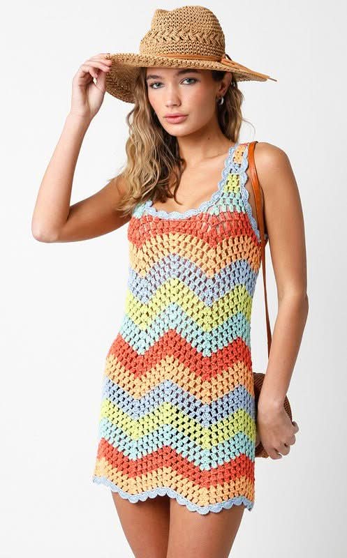 Striped Crochet Cover-Up Dress - Mini Dress | Boho Pink Striped Crochet Cover-Up Dress - Mini Dress | Boho Pink