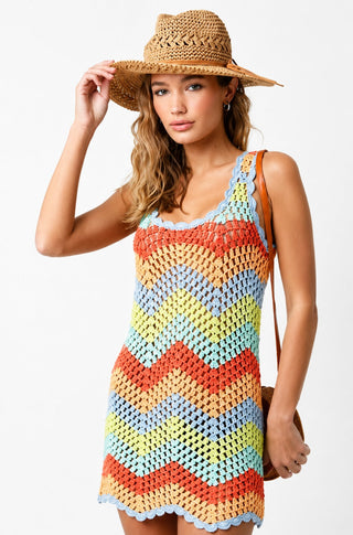 Mahalo Multi Color Crochet Cover-Up Dress - Front View