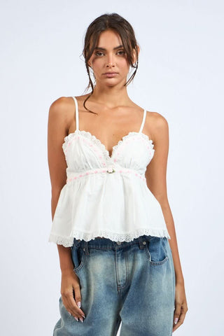Marjorie White Ribbon Trim Babydoll Top  - Front View