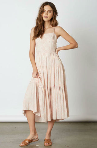 Mauve boho print lace-up back midi dress front view