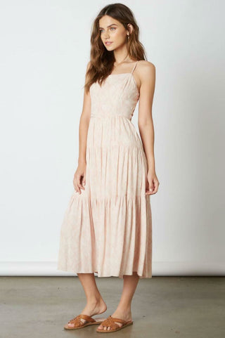 Mauve tiered midi dress with halter neckline