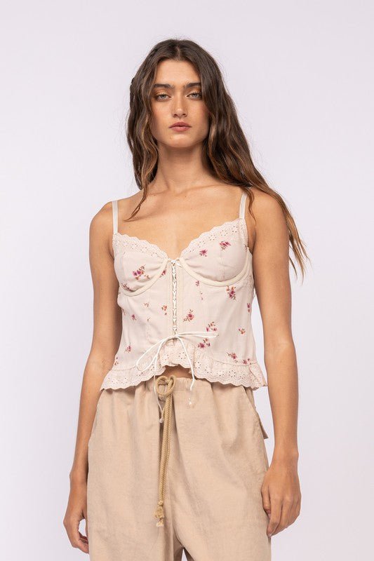 Honet - Floral Print Lace-Trim Cropped Camisole Top