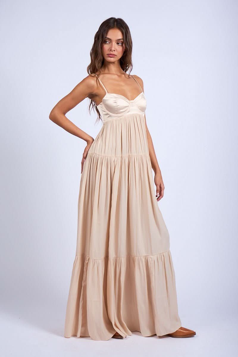 Blaire Nude Satin Tiered Maxi Dress - front view