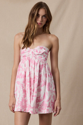 Mckenna Pink and White Floral Strapless Mini Dress - Front View 