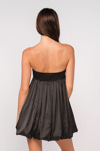 Melinda Black Satin Strapless Bubble Dress back view