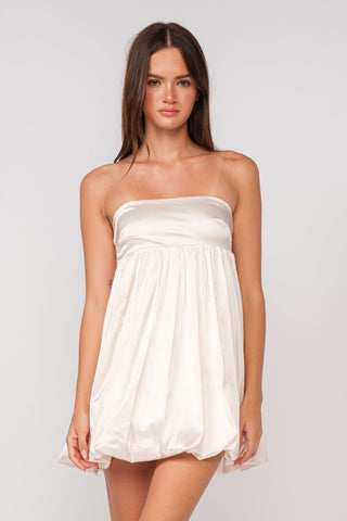 Melinda Ivory Satin Strapless Bubble Dress styled for homecoming