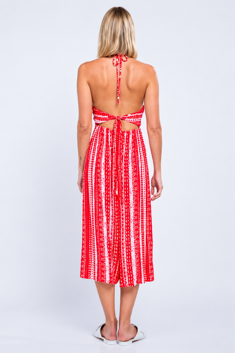 Mia Red Boho Print Cutout Culotte Jumpsuit back view
