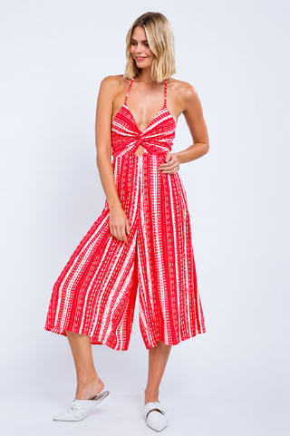 Mia Red Boho Print Cutout Culotte Jumpsuit model lifestyle pose