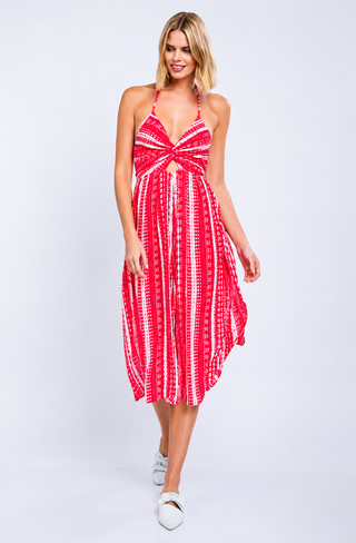 Mia Red Boho Print Cutout Culotte Jumpsuit styled with white loafers