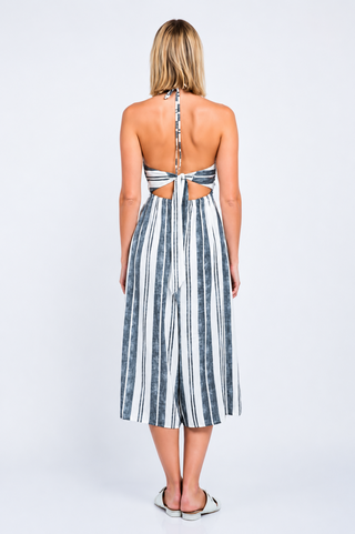 Mia White and Black Striped Print Cutout Culotte Jumpsuit back view