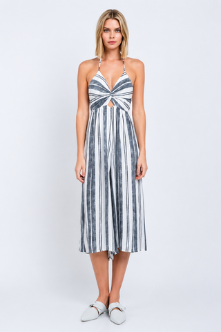 White and Black Striped Print Cutout Culotte Jumpsuit front view