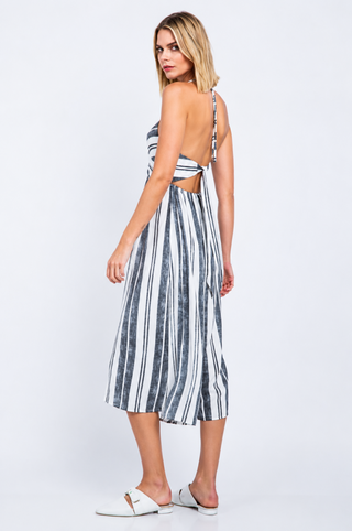 White and Black Striped Print Cutout Culotte Jumpsuit side angle view
