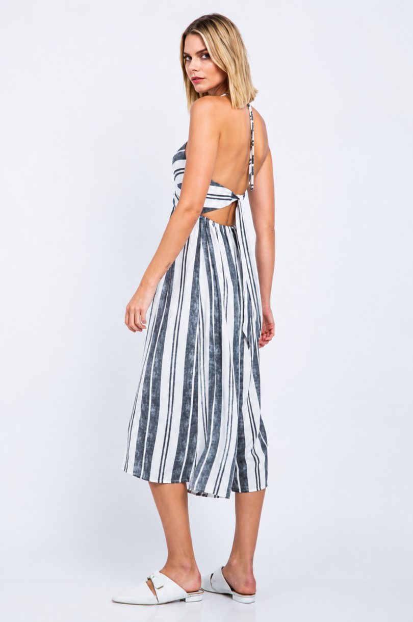 White and Black Striped Print Cutout Culotte Jumpsuit side angle view