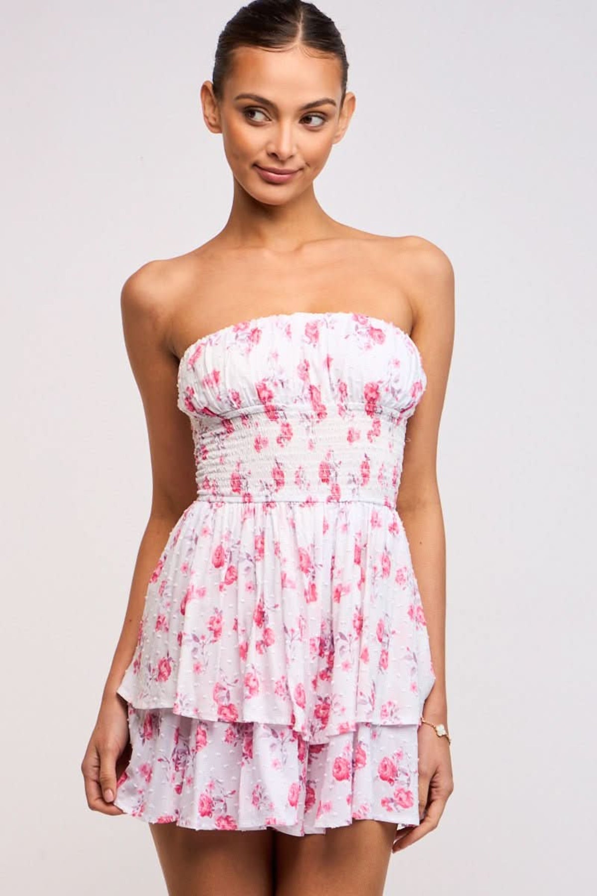Pink Floral Strapless Smocked Waist Romper