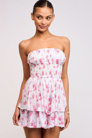 Michelle Pink Floral Strapless Romper Dress front view