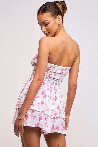 Michelle Pink Floral Strapless Romper Dress detailed back view