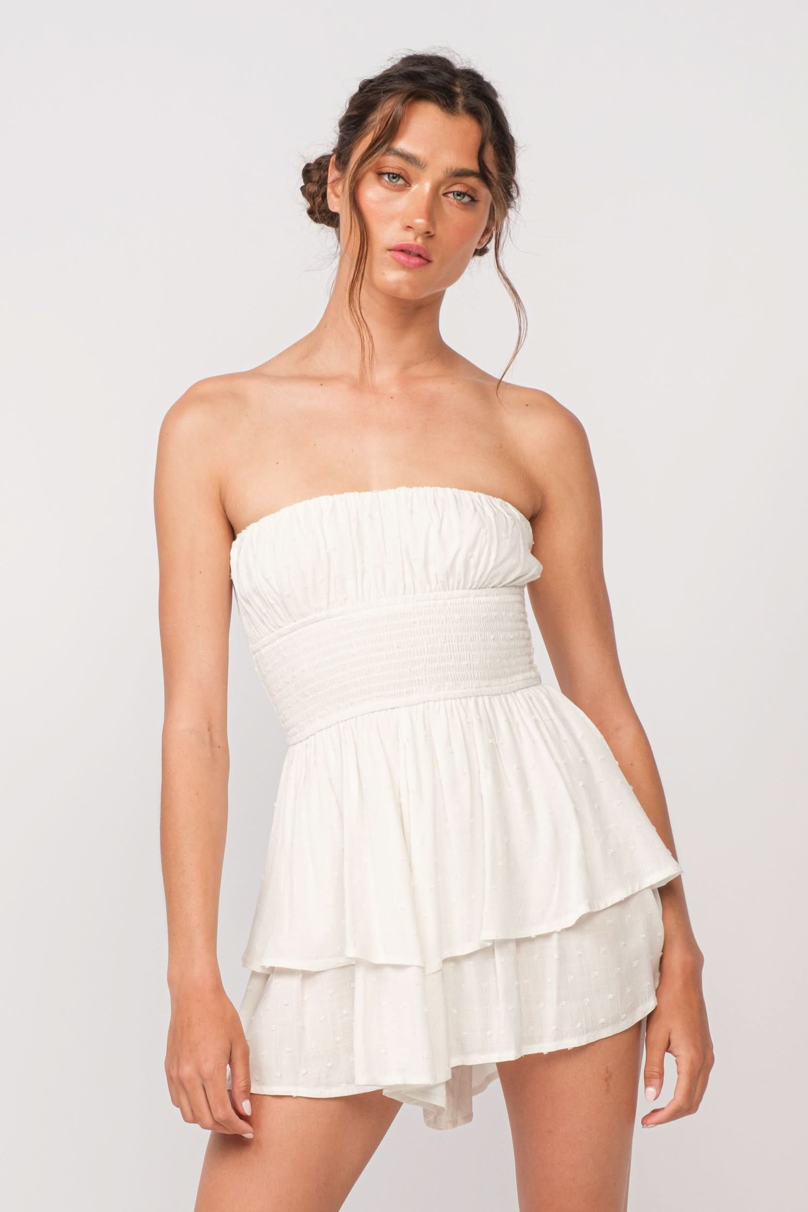 White Strapless Smocked Waist Romper Dress