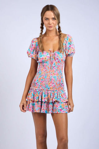 Mimi Aqua and Pink Bright Floral Puff Sleeve Mini Dress